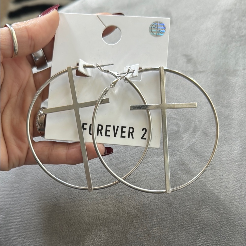 Forever 21 Silver Cross Hoop Earrings - Picture 1 of 1